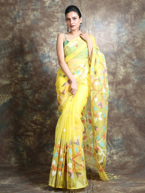 

Arhi Yellow & Blue Floral Zari Pure Silk Saree