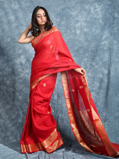 

Arhi Red & Gold-Toned Ethnic Motifs Zari Pure Linen Saree