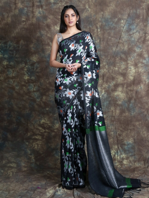 

Arhi Black & Green Floral Pure Linen Saree