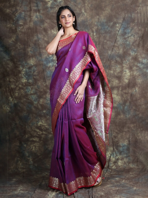 

Arhi Magenta & Red Ethnic Motifs Zari Pure Linen Saree