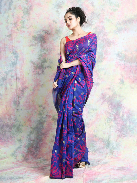 

Arhi Blue & Pink Woven Design Silk Cotton Jamdani Saree