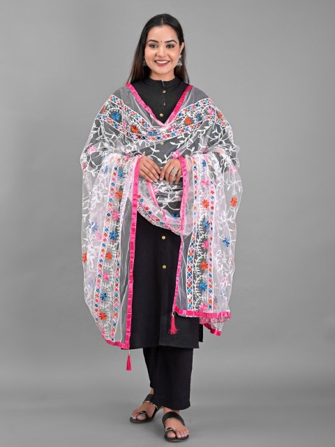 

Apratim Net Embroidered Dupatta, White