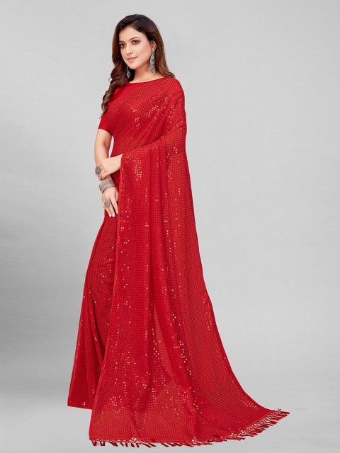 

Mitera Red Printed Embellished Sequinned Pure Georgette Saree