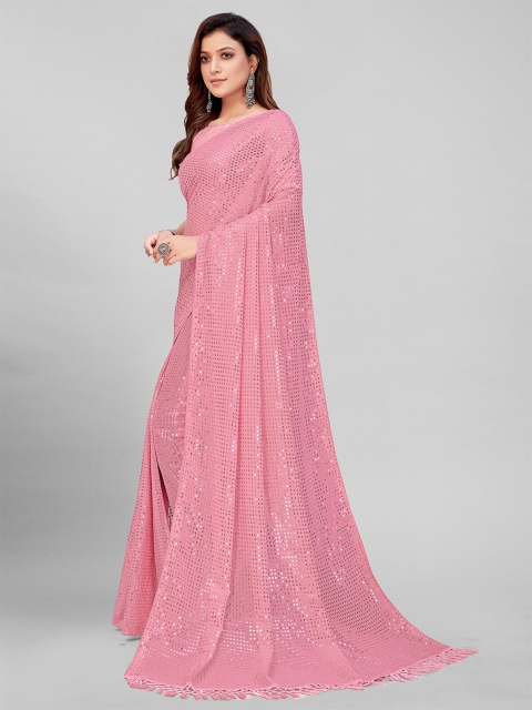 

Mitera Peach-Coloured Printed Embellished Sequinned Pure Georgette Saree