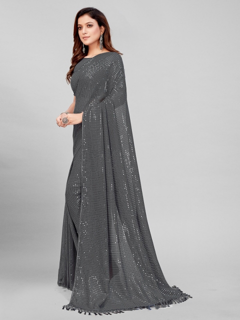 

Mitera Grey Printed Embellished Sequinned Pure Georgette Saree