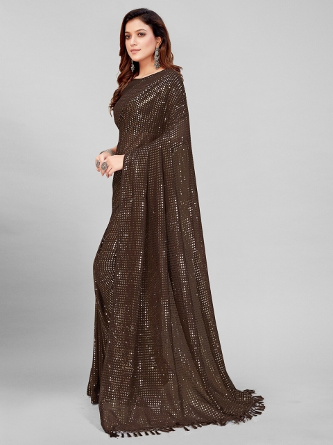 

Mitera Brown Printed Embellished Sequinned Pure Georgette Saree