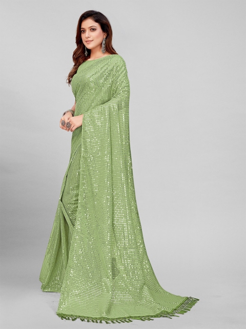 

Mitera Fluorescent Green Printed Embellished Sequinned Pure Georgette Saree