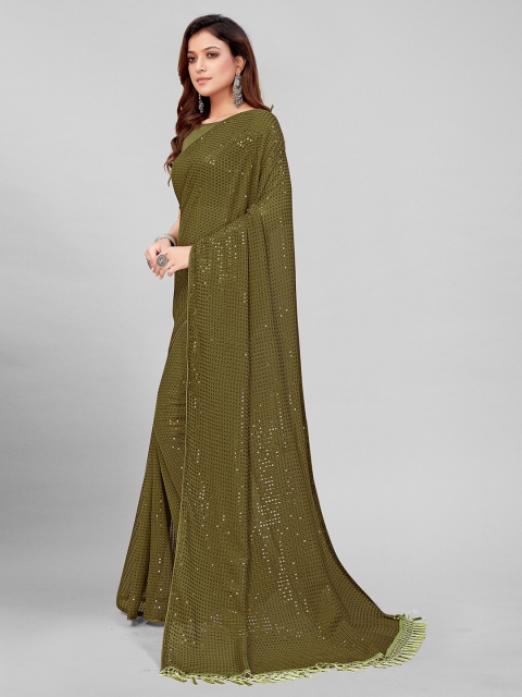 

Mitera Olive Green Embellished Sequinned Pure Georgette Saree