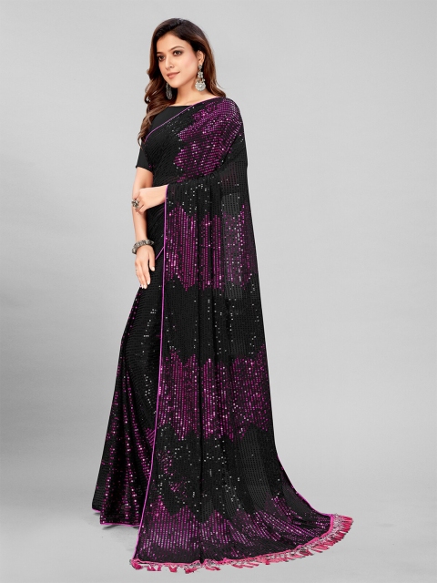 

Mitera Black & Pink Embellished Sequinned Pure Georgette Saree