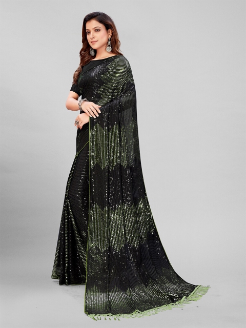 

Mitera Black & Green Embellished Sequinned Pure Georgette Saree