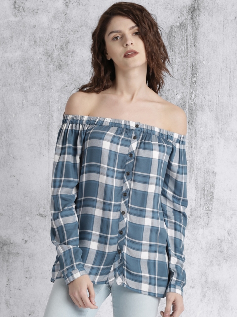 

Roadster Women Blue & Off-White Checked Bardot Top