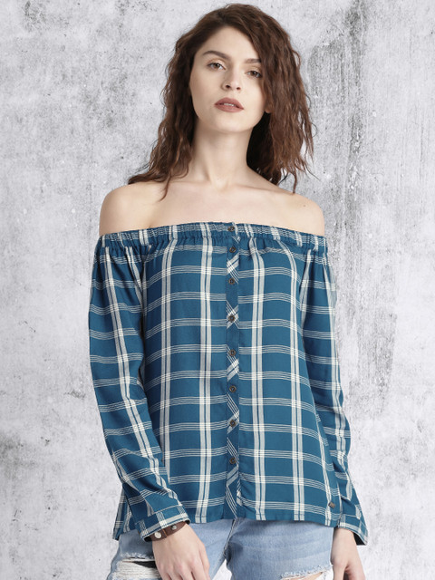 

Roadster Women Teal Blue & Off-White Checked Bardot Top