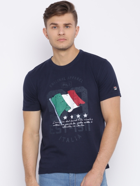 FILA Men Navy Blue Printed Round Neck Pure Cotton T-shirt