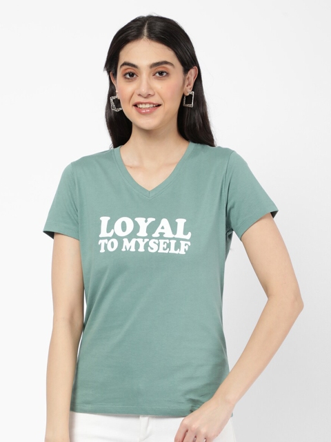

R&B Women Green Typography Printed V-Neck T-shirt