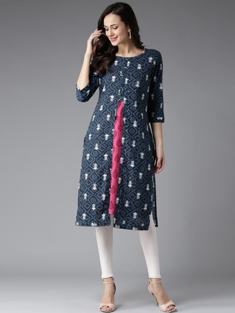 

HERE&NOW Women Navy Blue Printed Layered Straight Kurta