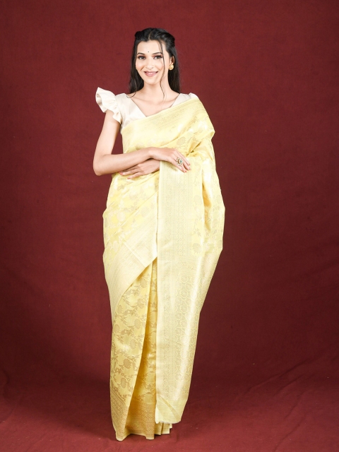 

Exclusiva Yellow & Gold-Toned Floral Zari Pure Linen Saree