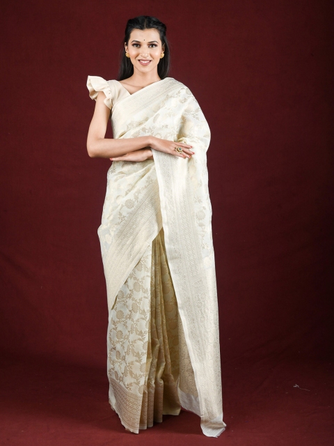 

Exclusiva Cream-Coloured Floral Zari Pure Linen Saree