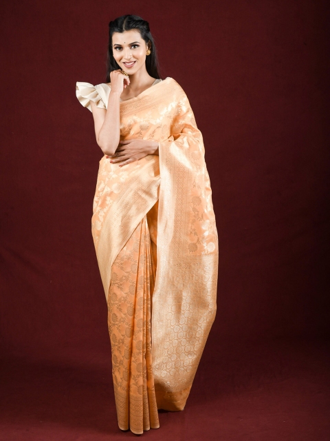 

Exclusiva Orange & Gold-Toned Floral Zari Pure Linen Saree