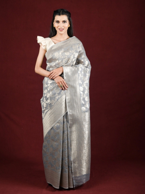 

Exclusiva Grey Floral Zari Pure Linen Saree
