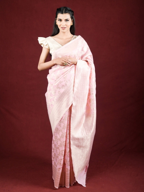

Exclusiva Pink & Silver-Toned Floral Zari Pure Linen Saree