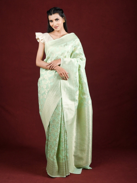 

Exclusiva Sea Green & Gold-Toned Floral Zari Pure Linen Saree