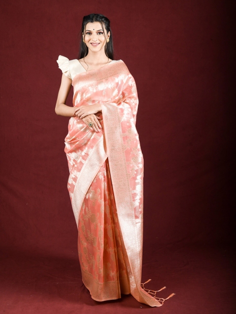 

Exclusiva Pink & Gold-Toned Floral Woven Design Zari Saree