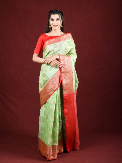 

Exclusiva Green & Red Floral Woven Design Zari Saree