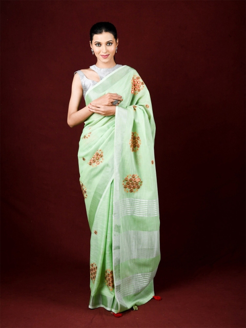 

Exclusiva Green & Red Floral Embroidered Pure Linen Saree