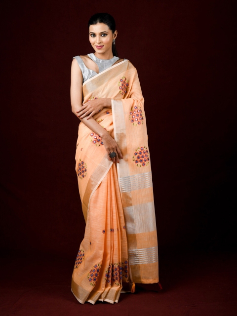 

Exclusiva Orange & Red Embellished Embroidered Pure Linen Saree