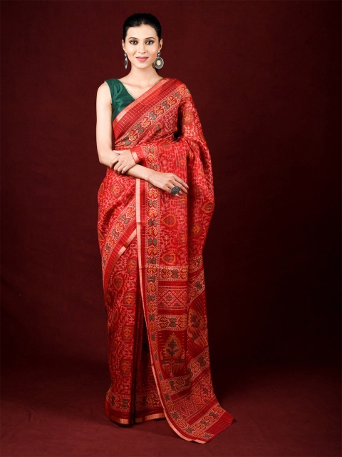 

Exclusiva Red & Gold-Toned Floral Woven Design Zari Saree