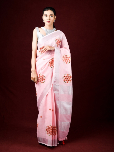

Exclusiva Pink & Red Floral Zari Pure Linen Saree