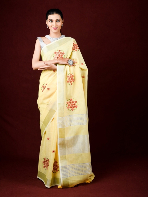 

Exclusiva Yellow & Red Floral Embroidered Pure Linen Saree