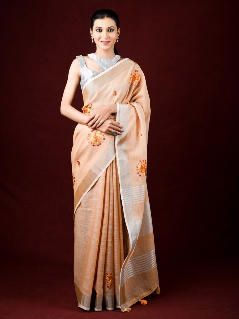 

Exclusiva Orange & Silver-Toned Floral Embroidered Pure Linen Saree