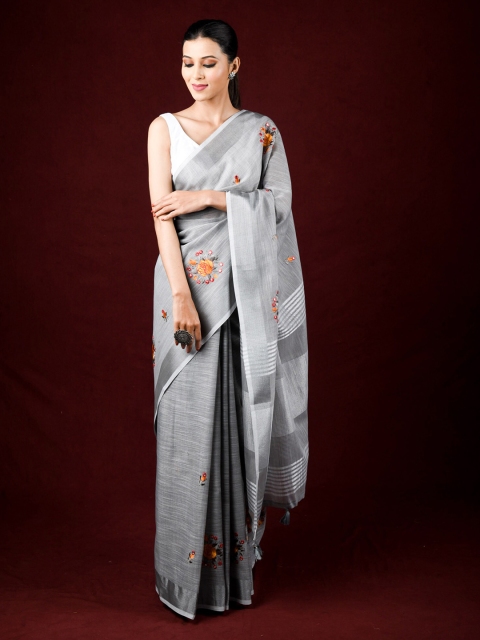 

Exclusiva Grey Floral Zari Pure Linen Saree