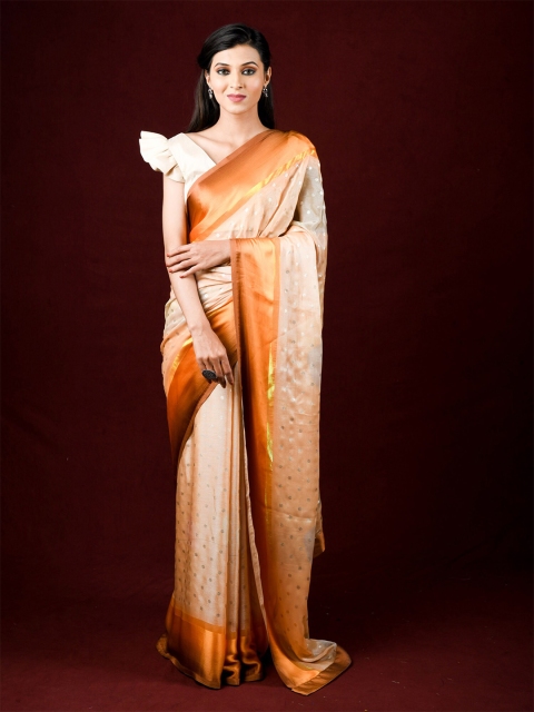 

Exclusiva Orange & Gold-Toned Floral Zari Brasso Saree