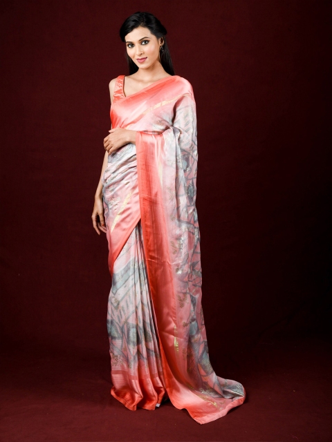 

Exclusiva Peach-Coloured & Grey Printed Zari Brasso Saree