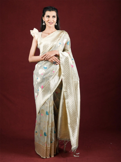 

Exclusiva Grey & Blue Floral Zari Pure Linen Saree