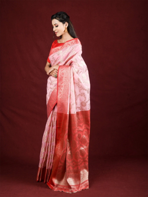 

Exclusiva Pink & Gold-Toned Floral Woven Design Zari Saree