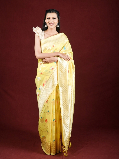 

Exclusiva Yellow & Green Floral Zari Pure Linen Saree
