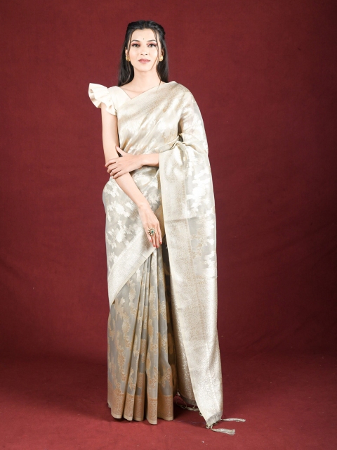 

Exclusiva Grey & Gold-Toned Floral Woven Design Zari Saree