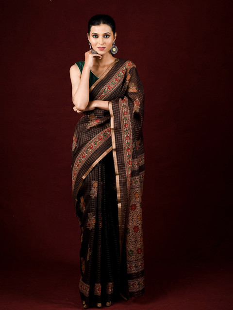 

Exclusiva Brown & Copper-Toned Floral Printed Zari Saree