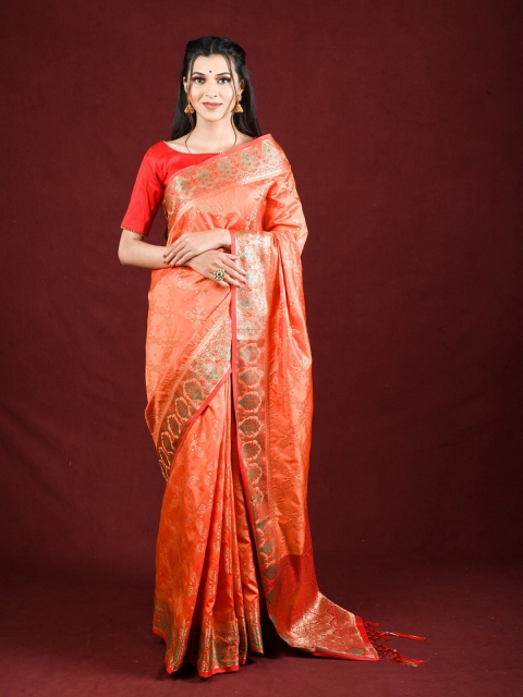 

Exclusiva Peach-Coloured & Red Ethnic Motifs Zari Silk Blend Saree