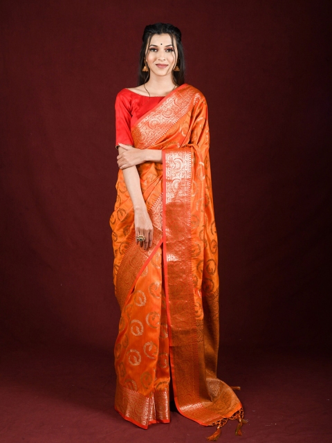

Exclusiva Orange & Gold-Toned Floral Zari Silk Blend Saree
