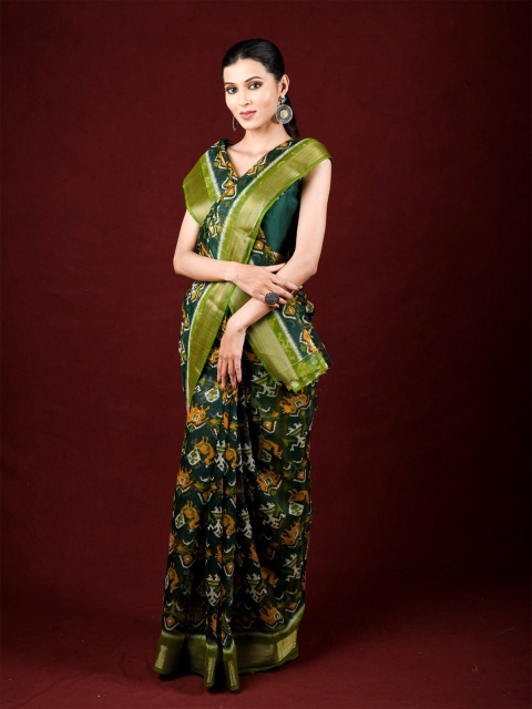 

Exclusiva Green & Orange Ethnic Motifs Printed Zari Saree