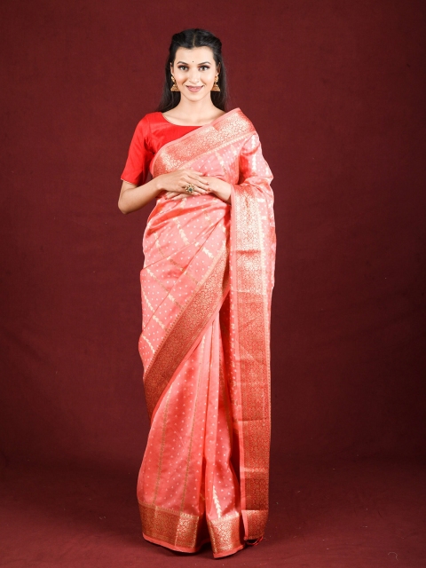 

Exclusiva Pink & Gold-Toned Floral Zari Organza Saree
