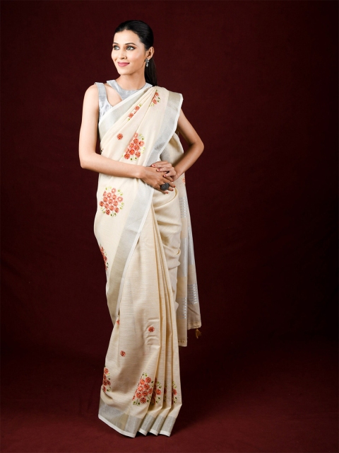 

Exclusiva Beige & Red Floral Zari Pure Linen Saree
