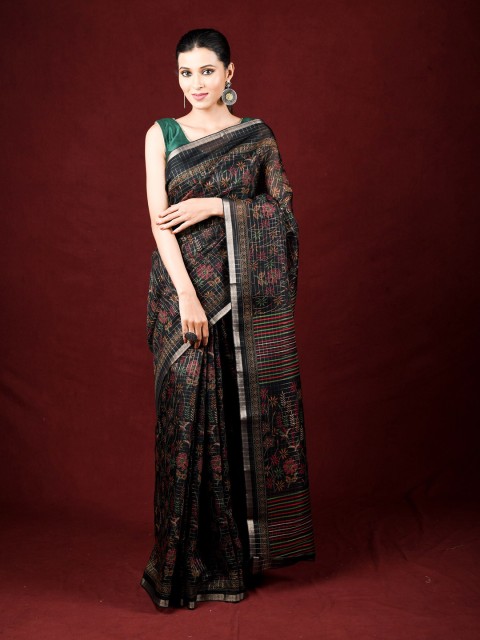 

Exclusiva Black & Red Floral Printed Zari Saree