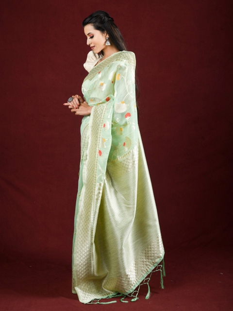 

Exclusiva Sea Green & Gold-Toned Floral Zari Pure Linen Saree