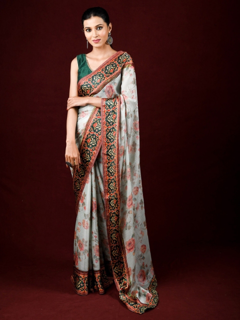 

Exclusiva White & Green Floral Brasso Saree