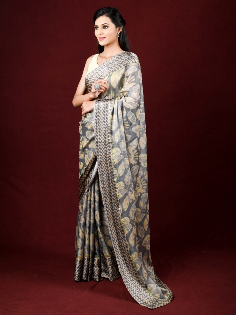 

Exclusiva Grey & Beige Floral Brasso Saree